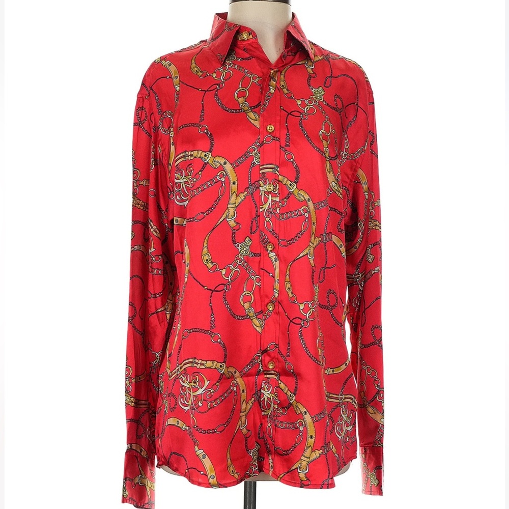 Ace of Diamond Satin Long Sleeve Button Down Shirt Chain Equestrian Baroque M